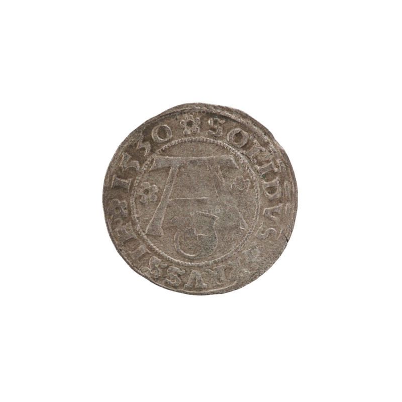 szelag; Straub (Strawb), Heinrich, publisher; Wille, Albrecht (fl. 1520-?), publisher; Decjusz, Jost Ludwik (fl. 1528-1535); R2 (rarity); eagles; Hohenzollern (coat of arms); Albrecht Hohenzollern (Prince of Prussia; 1490–1568). Obverse: Prussian eagle, on its chest a crowned letter S; along the rim between pearl borders an inscription: LBERTUS*D*G*DVX*PRVSSIE; right: letter A beneath which the Hohenzollern coat of arms; on both sides of the letter one rosette. Reverse: along the rim between pearl borders an inscription: SOLIDVS PRVSSIE I530 (rosette at the beginning of the legend and between words). Date: 1530. Place: Ducal Prussia (1525–1701), Königsberg. Coin: szelag; diameter 19.8 mm; weight 0.99 g; axis 225°.