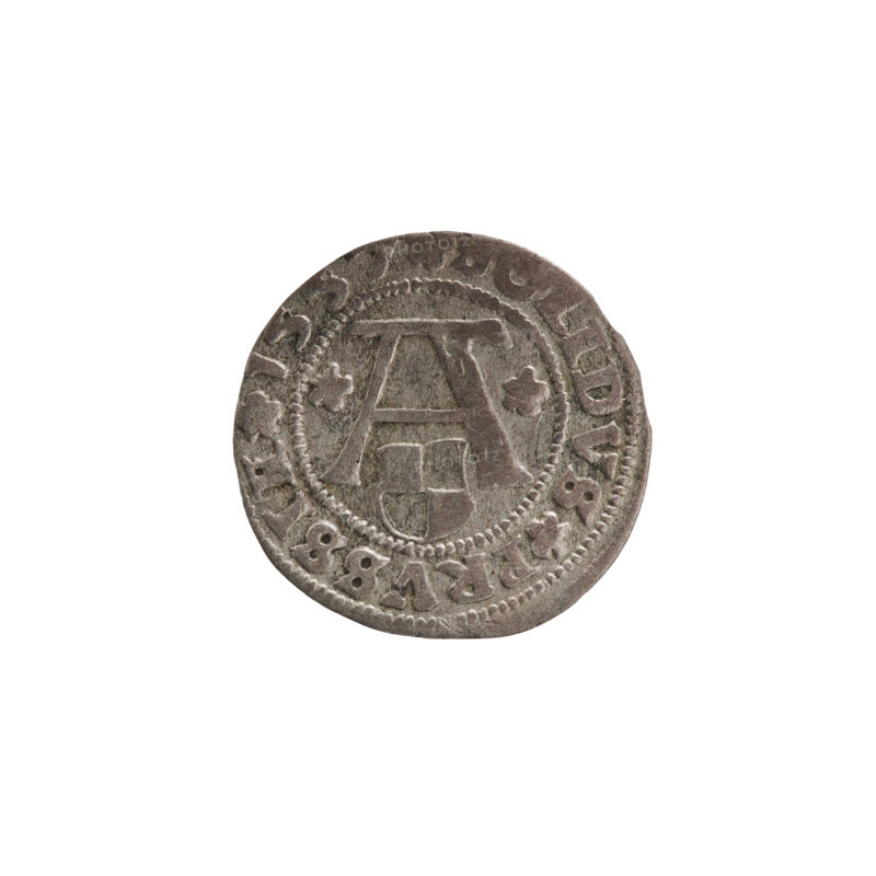 szelag, Nimptsch (Nimsch), Wolf, R1 (rarity). Eagles, rosettes, Hohenzollern (coat of arms). Albrecht Hohenzollern (Prince of Prussia; 1490–1568). Obverse: Prussian eagle, on its chest the crowned letter S; on the rim between pearl borders an inscription beginning with a trefoil, with dots between words: AL, DG DVX PRVSSIE. Reverse: the letter A with the heraldic shield of the Hohenzollerns below it, rosettes on both sides of the letter; on the rim between pearl borders an inscription beginning with a rosette and rosettes between words: SOLIDVS PRVSSIE. Date: 1557. Place/authority: Ducal Prussia (1525–1701), Königsberg. Coin: diameter 19.6 mm, weight 0.96 g, axis 270°.