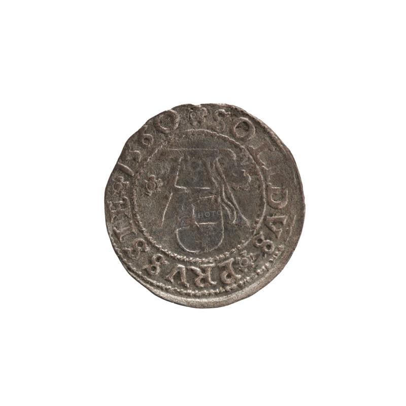 szelag; Lentz, Gerhard; Lauterbach, Casper (publisher); R1 (rarity); eagles; rosettes; Hohenzollern (coat of arms); Albrecht Hohenzollern (Prince of Prussia; 1490–1568). Obverse: Prussian eagle, on its chest the crowned letter S. On the rim, between the pearl borders, an inscription beginning with a tower — the mint master's mark; between the words one dot each: ALBERTVS DG DVX PRVSSIE. Reverse: the letter A, beneath which the Hohenzollern family coat of arms; on both sides of the letters one rosette. In the rim between the pearl borders an inscription beginning with a rosette; between the words one rosette: SOLIDVS PRVSSIE 156O (1560). Ducal Prussia (1525–1701), Königsberg. Coin: diameter 20.7 mm; weight 1.08 g; axis 260°.