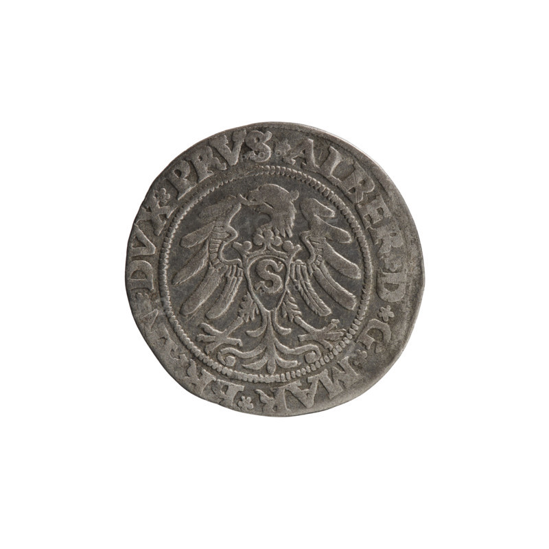 grosz, Wille, Albrecht (fl. 1520-?), publisher; Decjusz, Jost Ludwik (fl. 1528-1535); Straub (Strawb), Heinrich, publisher. Albrecht Hohenzollern (Prince of Prussia; 1490-1568) — iconography: male busts in armour; Hohenzollern coat of arms; Prussian eagle on its breast the crowned letter S. Pearled border; in the rim an inscription beginning with a rosette ALBER*D*G*MAR*BRAN*DVX*PRVS. Reverse: male bust in armor in profile turned to the right, short hair, beard with sideburns. Pearled border; in the rim an inscription beginning with the Hohen-Zollern coat of arms *IVSTVS*, *FIDE*VIVIT*I53O*. 1530, Ducal Prussia (1525–1701), Königsberg. Coin: diameter 22.4 mm, weight 1.98 g, axis 170°.'