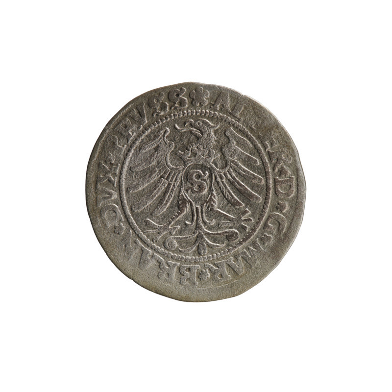 grosz, Decius, Jost Ludwik (fl. 1528-1535), Straub (Strawb), Heinrich, publisher, Wille, Albrecht (fl. 1520-?), publisher, R1 (rarity), eagles, Albrecht Hohenzollern (Prince of Prussia; 1490-1568) - iconography, Hohenzollern (coat of arms), male busts in armour, Aw. Prussian Eagle, on its breast a crowned letter S. Along the rim, between the pearly borders, an inscription beginning with a rosette AL, ER*D*G*MAR*BRAN*DVX*PRVSS Rw. Male bust in armor, profile turned to the right, short hair, beard with sideburns. Along the rim, between the pearly borders, an inscription beginning with the Hohenzollern coat of arms *IV, VS*EX*FIDE*VIVIT*I53I*, 1531, Ducal Prussia (1525-1701), Königsberg, coin, coin: diameter 23.1 mm, weight 1.87 g, axis 225 degrees.