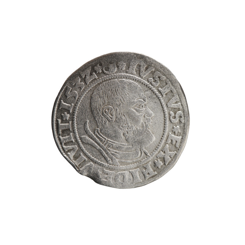 grosz; Straub (Strawb), Heinrich, publisher; Wille, Albrecht (fl. 1520-?), publisher; Decjusz, Jost Ludwik (fl. 1528-1535); eagles; Albrecht Hohenzollern (Prince of Prussia; 1490-1568) — iconography; Hohenzollern (coat of arms); male busts in armour; Aw. Prussian Eagle, on its breast a crowned letter S. Along the rim, between the pearly borders, an inscription beginning with a rosette ALBER*D*G*MAR*BRAN*DVX*PRVSS. Rw. Male bust in armor, profile turned to the right, short hair, beard with sideburns. Along the rim, between the pearly borders, an inscription beginning with the Hohenzollern coat of arms shield *IVSTVS*EX*FIDE*VIVIT*I53Z*. 1532. Ducal Prussia (1525–1701), Königsberg. Coin: diameter 23.0 mm; weight 1.89 g; axis 270°.
