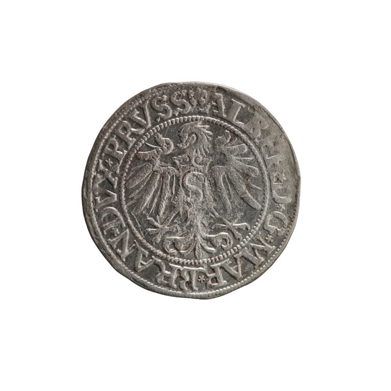 grosz, Straub (Strawb), Heinrich, publisher, Wille, Albrecht (fl. 1520-?), publisher, Decjusz, Jost Ludwik (fl. 1528-1535), Albrecht Hohenzollern (Prince of Prussia; 1490-1568) - iconography, eagles, Hohenzollern (coat of arms), male busts in armour, Aw. Prussian Eagle, on its breast a crowned letter S. Along the rim, between the pearly borders, an inscription beginning with a rosette ALB, *D*G*MAR*BRAN*DVX*PRVSS Rw. Male bust in armor, profile turned to the right, short hair, beard with sideburns. Along the rim, between the pearly borders, an inscription beginning with the Hohenzollern coat of arms *IVSTVS*EX*FIDE*VIVIT*I534*, 1534, Ducal Prussia (1525-1701), Königsberg, coin, diameter 23.1 mm, weight 1.86 g, axis 100 degrees.