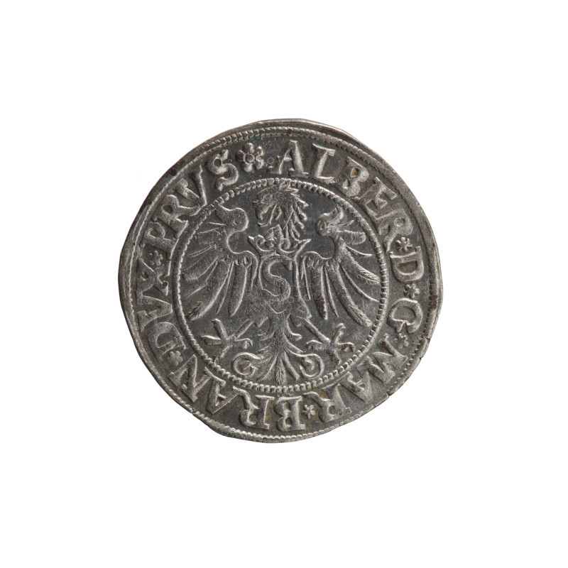 grosz, Straub (Strawb), Heinrich, publisher; Wille, Albrecht (fl. 1520-?), publisher; Decjusz, Jost Ludwik (fl. 1528-1535). Obverse: Prussian eagle, on its breast a crowned letter S; along the rim between pearly borders an inscription beginning with a rosette ALBER*D*G*MAR*BRAN*DVX*PRVS. Reverse: male bust in armour, profile turned to the right, short hair, beard with sideburns; along the rim between pearly borders an inscription beginning with the Hohenzollern coat of arms shield *IVSTVS*EX*FIDE*VIVIT*I534*. 1534. Ducal Prussia (1525–1701), Königsberg. Coin; diameter 23.6 mm; weight 1.95 g; axis 45 degrees.