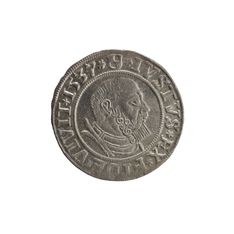 grosz; Vogelwaider (Vogelwaid), Eustachius, publisher; Decius, Jost Ludwik (fl. 1528–1535); R (rarity). Albrecht Hohenzollern (Prince of Prussia; 1490–1568) — iconography: Hohenzollern coat of arms; male busts in armor; eagles. Obverse: Prussian eagle, on its chest a crowned letter S. On the rim between the pearl borders an inscription beginning with a rosette ALBER*D*G*MAR*BRAN, PRVSS Rw. Male bust in armor, profile turned to the right, short hair, beard with sideburns. On the rim, between the pearl borders, an inscription beginning with the Hohenzollern coat of arms: *IVSTVS*EX*F, VIVIT*I537*. Date: 1537, Königsberg, Ducal Prussia (1525–1701). Coin: diameter 23.5 mm, weight 1.98 g, axis 300°.