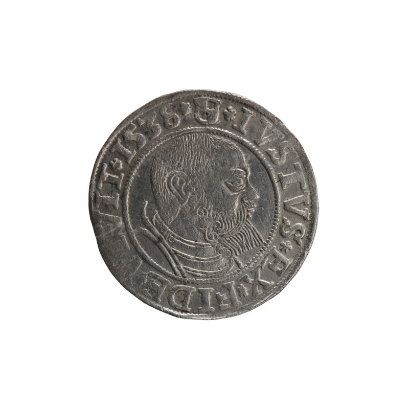 grosz; Vogelwaider (Vogelwaid), Eustachius, publisher; Decius, Jost Ludwik (fl. 1528–1535); Albrecht Hohenzollern (Prince of Prussia; 1490–1568) — iconography: eagles, Hohenzollern (coat of arms), male busts in armor. Obverse: Prussian eagle, on its chest a crowned letter S; on the rim between pearl borders an inscription beginning with a rosette ALBER, AR*BRAN*DVX*PRVSS. Reverse: male bust in armor, profile turned to the right, short hair, beard with sideburns; on the rim between the pearl borders an inscription beginning with the Hohenzollern coat of arms * IVSTVS * EX * FIDE *; date VIT 1538, 1538. Ducal Prussia (1525–1701), Königsberg. Coin: diameter 23.3 mm, weight 2.03 g, axis 45°.