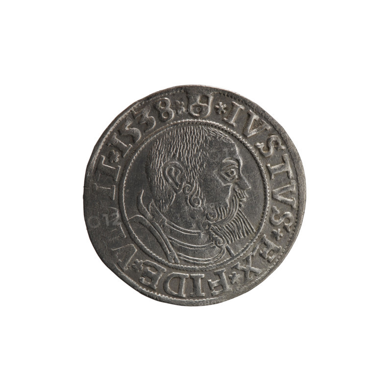 Grosz; Vogelwaider (Vogelwaid), Eustachius, publisher; Decius, Jost Ludwik (fl. 1528–1535); Albrecht Hohenzollern (Prince of Prussia; 1490–1568) — iconography: eagles, Hohenzollern (coat of arms), male busts in armor. Obv.: Prussian eagle, on its chest a crowned letter S; on the rim between the pearl borders an inscription beginning with a rosette ALBER, *MAR*BRAN*DVX*PRVSS. Rev.: male bust in armor, profile turned right, short hair, beard with sideburns; on the rim between the pearl borders an inscription beginning with the Hohenzollern coat of arms: *IVSTVS*EX*FIDE*VIVIT*I538*. Date: 1538, Königsberg, Ducal Prussia (1525–1701). Coin: diameter 23.5 mm, weight 2.01 g, axis 30°.