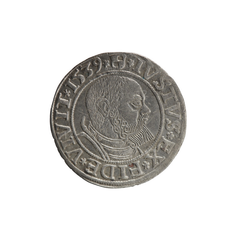 grosz, Vogelwaider (Vogelwaid), Eustachius, publisher, Decius, Jost Ludwik (fl. 1528-1535), eagles, Albrecht Hohenzollern (Prince of Prussia; 1490-1568) - iconography, Hohenzollern (coat of arms), male busts in armor. Obv. Prussian eagle, on its chest a crowned letter S. On the rim between the pearl borders an inscription beginning with a rosette ALBER*D*G*MAR*BRAN*DVX*PRVSS. Rv. Male bust in armor, profile turned to the right, short hair, beard with sideburns. On the rim, between the pearl borders, an inscription beginning with the Hohenzollern coat of arms: *IVSTVS*EX*FIDE*VIVIT*I539*. 1539. Ducal Prussia (1525-1701), Königsberg. Coin: diameter 23.5 mm, weight 2.15 g, axis 135 degrees.