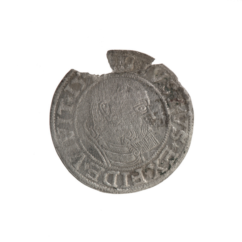 Grosz; Schilling, Maciej, publisher; Decjusz; Jost Ludwik (fl. 1528–1535). Obverse: Prussian eagle with on its chest a crowned letter S; on the rim between pearl borders an inscription beginning with a trefoil ALBER*D*G*MAR*BRAN*D. Reverse: male bust in armor, profile turned right, short hair, beard with sideburns; on the rim between the pearl borders the inscription VSTVS*EX*FIDE*VIVIT*I5. Trefoils, eagles, Hohenzollern coat of arms; Lebki Wielkie treasure (numismatics) association noted. 1540. Ducal Prussia (1525–1701), Königsberg. Coin; diameter 23.7 mm, weight 1.30 g, axis 135°.