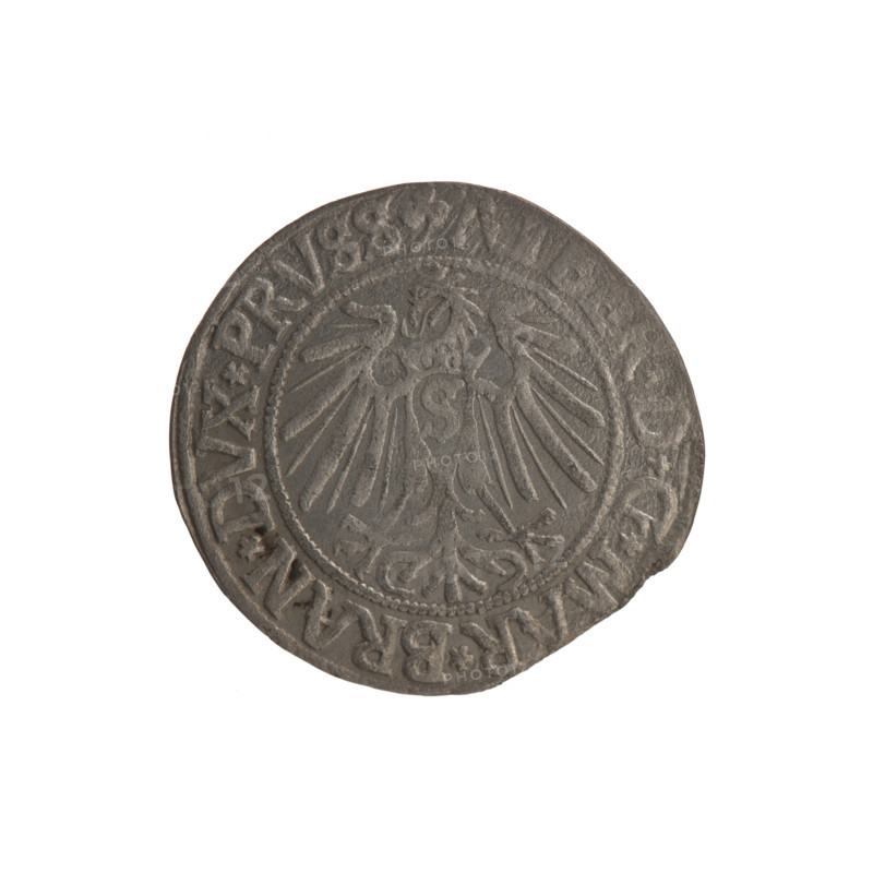 Obverse: Prussian eagle; on its chest a crowned letter S. In the rim between the pearl borders an inscription beginning with a trefoil, D*G*MAR*BRAN*DVX*PRVSS. Reverse: Male bust in armor in profile turned to the right, short hair, long beard with sideburns; Hohenzollern coat of arms and inscription on rim beginning with the coat of arms *IVSTVS*EX*FIDE*VIVIT*I54Z*. Depicts Albrecht Hohenzollern (1490–1568). Trefoils, Hohenzollern coat of arms, iconography. 1542, Ducal Prussia (1525–1701), Königsberg. Coin; diameter 24.2 mm, weight 1.57 g, axis 270°.
