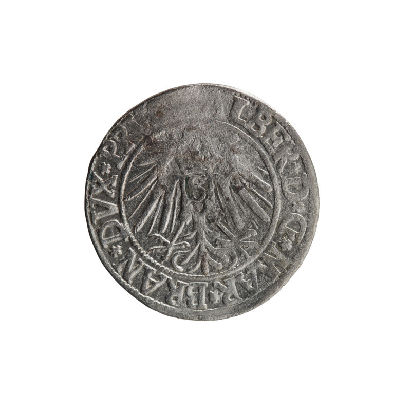 grosz, Schilling, Maciej, R0 (rarity), Albrecht Hohenzollern (Prince of Prussia; 1490–1568) — iconography: eagles, Hohenzollern coat of arms, male busts in armor. Obverse: Prussian eagle, on its chest a crowned letter S; in the rim, between pearl-shaped borders, inscription ALBER*D*G*MAR*BRAN*DVX*PRV. Reverse: male bust in armor in profile turned right; short hair, long beard with sideburns, dividing the inner border; in the rim, between pearl-shaped borders, inscription beginning with the Hohenzollern shield *IVSTVS*EX*FI..]VIVIT*I54I*. Date: 1541, place: Königsberg, Ducal Prussia (1525–1701). Medium: coin. Diameter 23.7 mm; weight 1.89 g; axis 170°.