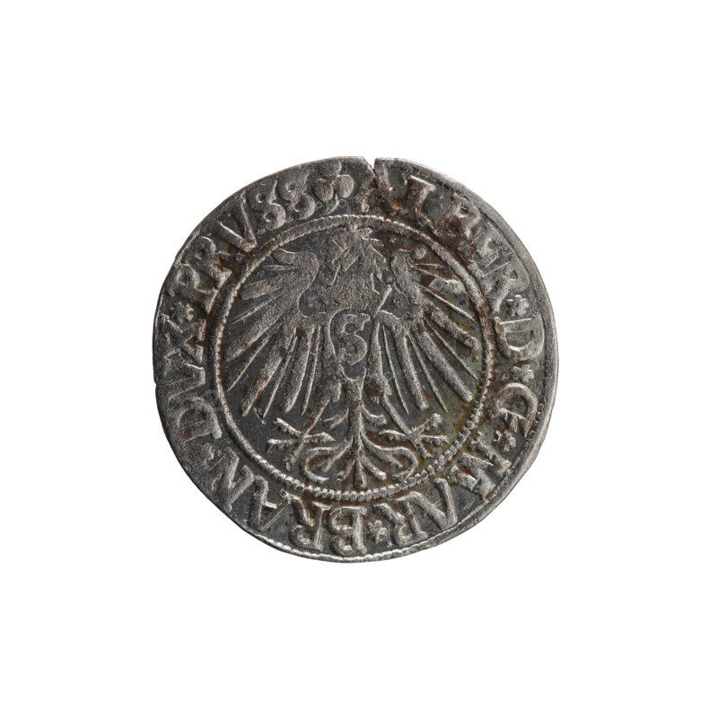 grosz, Schilling, Maciej, R0 (rarity), Albrecht Hohenzollern (Prince of Prussia; 1490–1568) - iconography, eagles, Hohenzollern (coat of arms), male busts in armor. Obv. Prussian eagle, on its chest the crowned letter S. In the rim, between the pearl-shaped borders, an inscription beginning with a trefoil ALBER*D*G*MAR*BRAN*DVX*PRVSS. Rev. Male bust in armor in profile turned to the right; short hair, long beard with sideburns, dividing the inner border. In the rim, between the pearl-shaped borders, an inscription beginning with the Hohenzollern shield *IVSTVS*EX*FIDE*VIVIT* I54I*. 1541, Königsberg, Ducal Prussia (1525–1701), coin: diameter 23.5 mm, weight 1.97 g, axis 20 degrees.