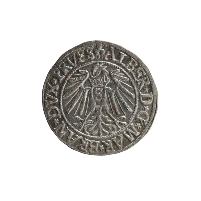 grosz, Schilling, Maciej, R0 (rarity), eagles, Albrecht Hohenzollern (Prince of Prussia; 1490-1568) - iconography, Hohenzollern (coat of arms), male busts in armor. Obv. Prussian eagle, on his chest the crowned letter S. In the rim, between the pearl-shaped borders, an inscription beginning with a trefoil ALBER*D*G*MAR*BRAN*DVX*PRVSS. Rev. Male bust in armor in profile turned to the right; short hair, long beard with sideburns, dividing the inner border. In the rim, between the pearl-shaped borders, an inscription beginning with the Hohenzollern shield *IVSTVS*EX*FIDE*VIVIT*I54I*. 1541, Königsberg, Ducal Prussia (1525-1701), coin: diameter 23.7 mm, weight 2.03 g, axis 315 degrees.
