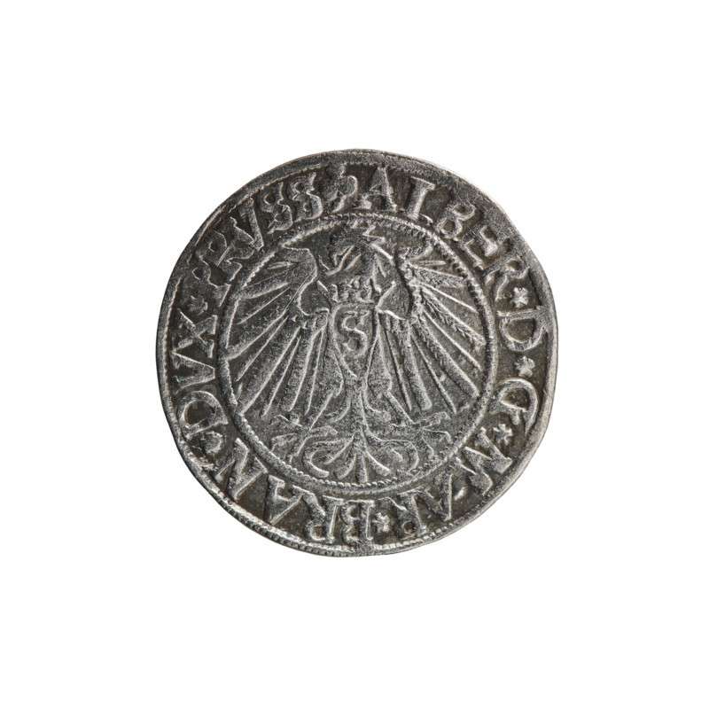 grosz, Schilling, Maciej, R3 (rarity), eagles, Albrecht Hohenzollern (Prince of Prussia; 1490–1568) - iconography, Hohenzollern (coat of arms), male busts in armour. Obv.: Prussian eagle, on his chest the crowned letter S; on the rim between pearl-shaped borders an inscription beginning with a trefoil ALBER*D*G*MAR*BRAN*DVX*PRVSS. Rev.: Male bust in armour in profile turned right; short hair, beard with sideburns; on the rim between pearl-shaped borders an inscription beginning with the Hohenzollern shield *IVSTVS*EX*FIDE*VIVIT*I54I*. 1541, Königsberg, Ducal Prussia (1525–1701). Coin: diameter 23.8 mm, weight 1.93 g, axis 270°.