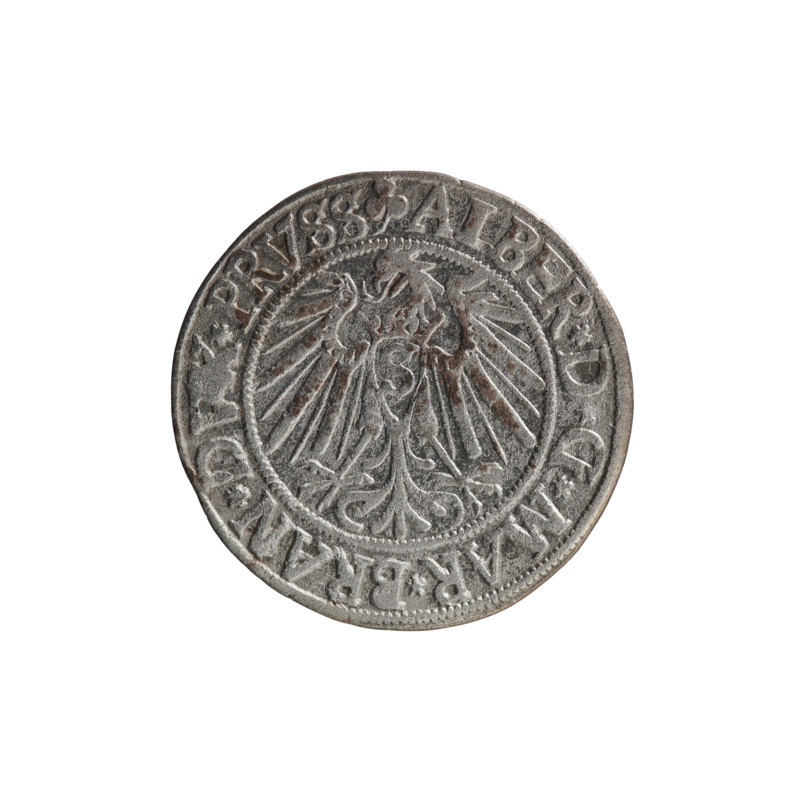 grosz, Schilling, Maciej, R3 (rarity), Albrecht Hohenzollern (Prince of Prussia; 1490–1568) - iconography, eagles, Hohenzollern (coat of arms), male busts in armour. Obv.: Prussian eagle, on its chest the crowned letter S; on the rim between pearl-shaped borders an inscription beginning with a trefoil ALBER*D*G*MAR*BRAN*DVX*PRVSS. Rev.: Male bust in armour in profile turned to the right; short hair, beard with sideburns; on the rim between pearl-shaped borders an inscription beginning with the Hohenzollern shield *IVSTVS*EX*FIDE*VIVIT*I54I*. 1541, Königsberg, Ducal Prussia (1525–1701). Coin: diameter 23.9 mm, weight 1.83 g, axis 315°.