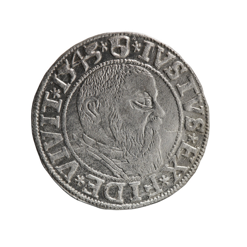 grosz, Schilling, Maciej, R0 (rarity), eagles, Albrecht Hohenzollern (Prince of Prussia; 1490–1568) - iconography, Hohenzollern (coat of arms), male busts in armor. Obverse: Prussian eagle, on its chest the crowned letter S. In the rim, between the pearl-shaped borders, an inscription beginning with a trefoil ALBER*D*G*MAR*BRAN*DVX*PRVSS. Reverse: Male bust in armor in profile turned to the right; short hair, long beard with sideburns, dividing the inner border. In the rim, between the pearl-shaped borders, an inscription beginning with the Hohenzollern shield *IVSTVS*EX*FIDE*VIVIT*I543*. 1543, Ducal Prussia (1525–1701), Königsberg. Coin: diameter 23.2 mm, weight 1.94 g, axis 100°.
