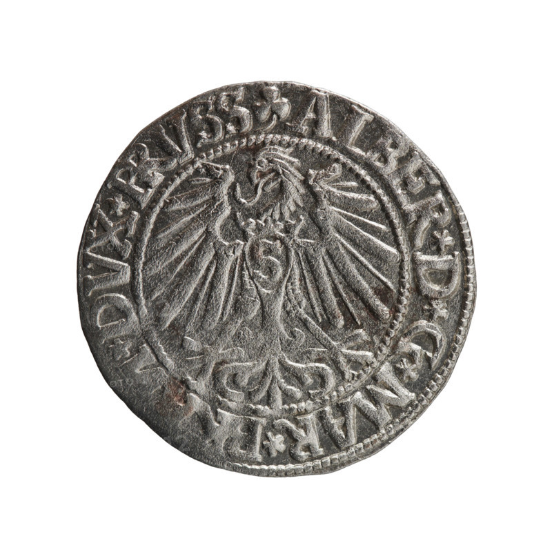 grosz; Schilling, Maciej, publisher; Decjusz, Jost Ludwik (fl. 1528–1535); R0 (rarity); Albrecht Hohenzollern (Prince of Prussia; 1490–1568) — iconography: eagles, Hohenzollern (coat of arms), male busts in armor. Obv.: Prussian eagle, on its chest a crowned letter S. On the rim between the pearl borders an inscription beginning with a trefoil (mirror-image N) ALBER*D*G*MAR*, *DVX*PRVSS. Rev.: Male bust in armour in profile turned right; short hair, long pointed beard with sideburns, dividing the inner rim. In the rim, between the beaded rims, an inscription beginning with the Hohenzollern shield *IVSTVS*EX*FID, dated 1545. Ducal Prussia (1525–1701), Königsberg. Coin: grosz; diameter 23.2 mm; weight 1.95 g; axis 315°.