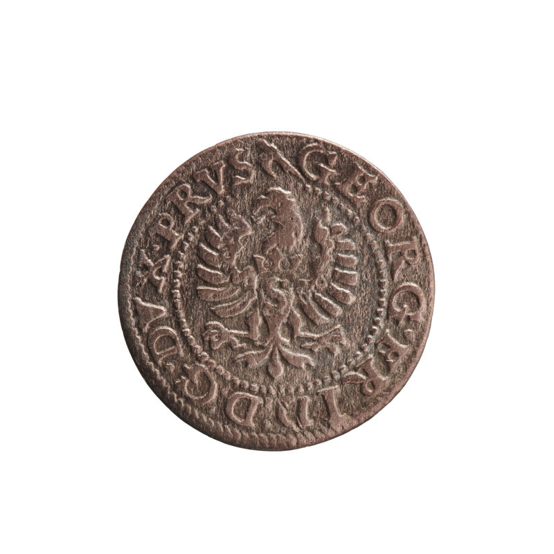 Trzeciak, Anger, Krzysztof (Christoph), publisher; Jerzy Fryderyk (Duke of Karniów; 1539–1603). Obverse: In a beaded border a Prussian eagle, on its chest a crowned letter S. In the rim an inscription beginning with a hook GEORG.FRID:D:G.DVX.PRVS. Outer border composed of diagonal lines. Reverse: Monogram composed of the letters GF, below which the Hohenzollern coat of arms between two circles. On the sides of the monogram are the date numerals I5-94. Above the monogram .III. dividing the inner border. Double border — inner continuous, outer composed of diagonal lines. 1594. Ducal Prussia (1525–1701), Königsberg. Coin: diameter 15.3 mm, weight 0.65 g, axis 0°.