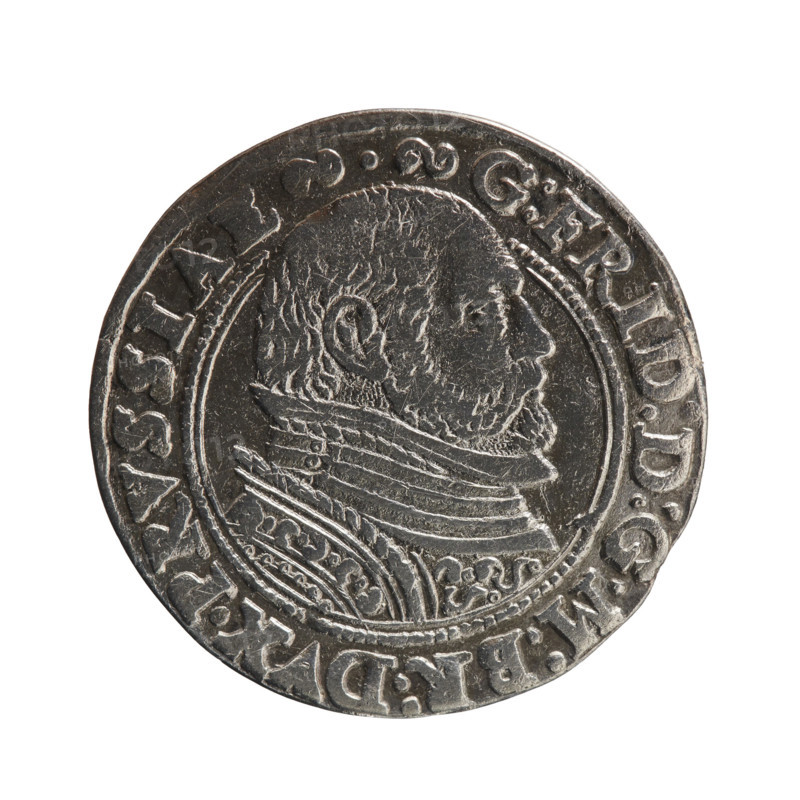 Trojak, Gulden, Pawel (publisher). Jerzy Fryderyk (Duke of Karniów; 1539–1603) — iconography: rosettes, male bust in armour. Obverse: male bust in armour in profile turned right, separating inner double border (inner continuous, outer pearly); short hair, beard with sideburns. In the rim an inscription beginning with ornament: G:FRID:D:G:M:BR:DVX.PRVSSIAE; outer continuous border. Reverse: in the continuous border an inscription in seven lines: III /GROSS:AR:/TRIPLEX./GEORG.FRID:/DVC:PRVSS./; denomination and date between rosettes; below the inscription the mint mark. Date: 1590. Place: Ducal Prussia (1525–1701), Königsberg. Object: coin. Physical: diameter 22.3 mm, weight 2.57 g, axis 0°.