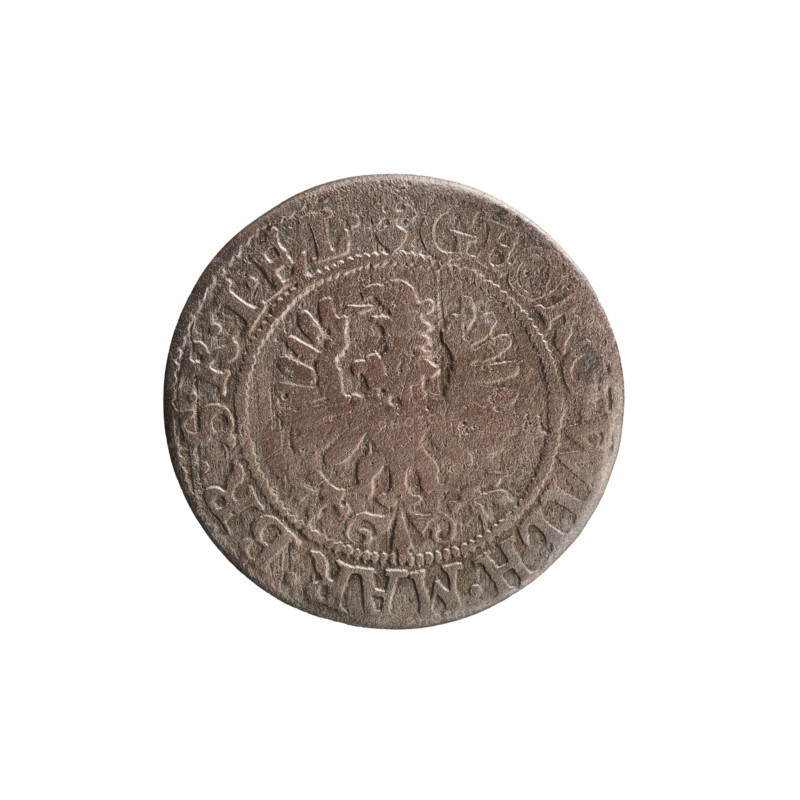 szelag, Ernest Pfahler, George William Hohenzollern (Elector of Brandenburg; Prince of Prussia; 1620–1640), eagles, Hohenzollern (coat of arms), rosettes. Obverse: Prussian eagle, on its chest the crowned letter S; in the rim between the borders an inscription beginning with a heart: GEORG.WILH.MAR.BR.SRIEL. Reverse: monogram composed of the letters GW; in the rim between the borders an inscription divided by the Hohenzollern coat of arms: SOLIDVS.PR - VSSIAE.1626. Date: 1626. Place: Ducal Prussia, Königsberg. Object: coin (szelag). Diameter 16.3 mm; weight 0.60 g; axis 0 degrees.