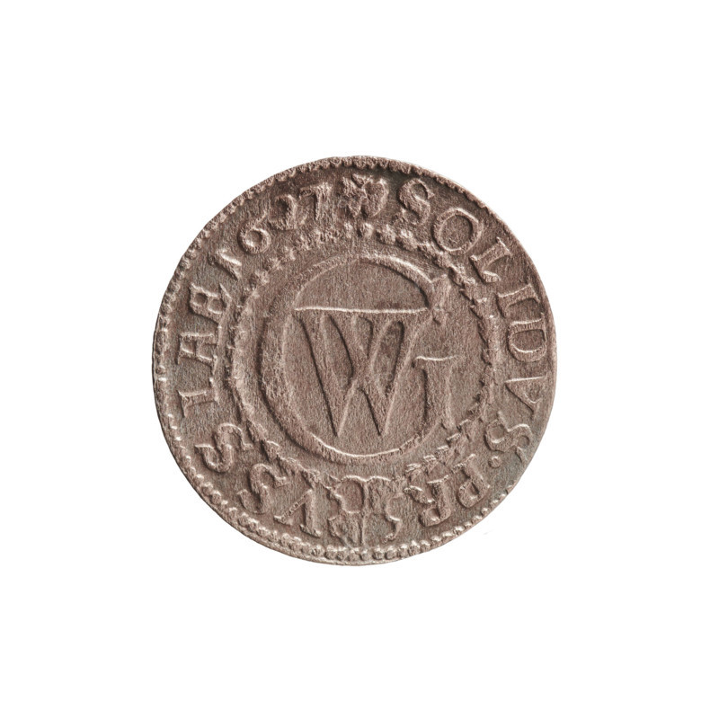 szelag by Ernest Pfahler, 1627. Coin (Ducal Prussia, Königsberg), diameter 16.2 mm, weight 0.57 g, axis 0°. Obverse: Prussian eagle bearing on its chest the crowned letter S; in the rim between borders an inscription beginning with a heart and the hallmark GEORG.WI... MAR.BR.SRIEL. Reverse: monogram composed of the letters GW; in the rim between borders an inscription beginning with a rosette, divided by the Hohenzollern coat of arms SOLIDVS.PR - VSSIAE.1627. Subjects: George William Hohenzollern (Elector of Brandenburg; Prince of Prussia, 1620–1640), eagles, rosettes, Hohenzollern coat of arms.