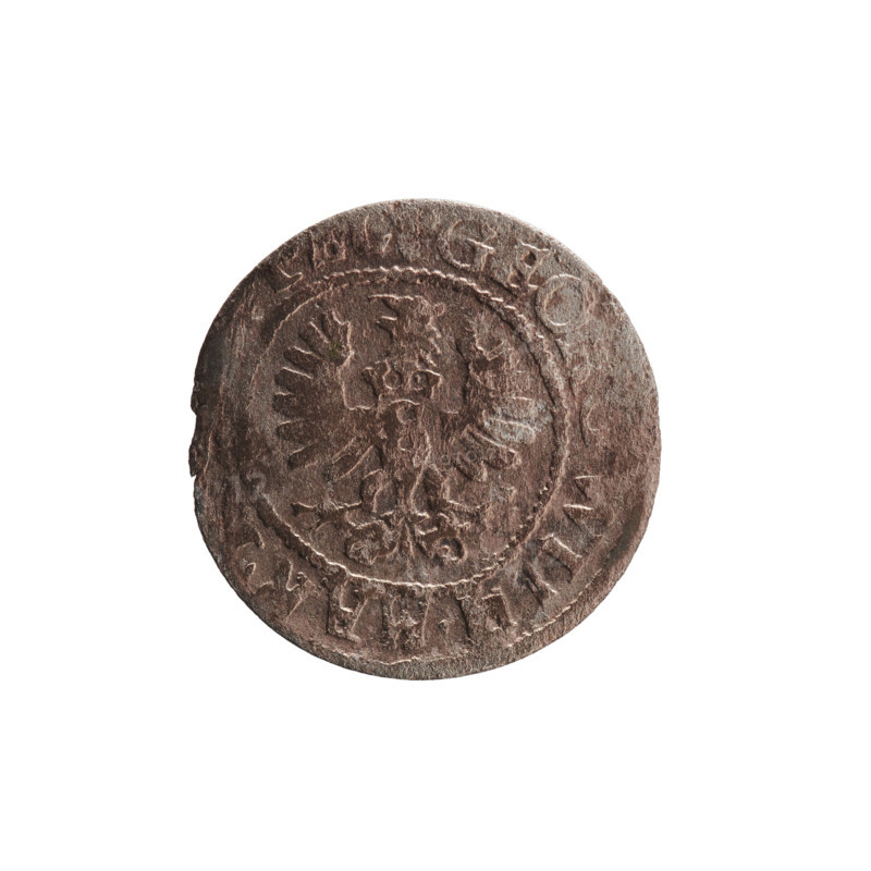 szelag, George William Hohenzollern (Elector of Brandenburg; Prince of Prussia; 1620–1640), Obv.: Prussian eagle with crowned letter S on its chest; rim inscription beginning with a heart - the hallmark GEO, H.MAR., .I.EL. Rev.: monogram composed of the letters GW; rim inscription beginning with a rosette, divided by the Hohenzollern coat of arms, PR - VS, 627, 1627. Ducal Prussia (1525–1701), Königsberg. Coin: diameter 16.1 mm, weight 0.55 g, axis 0°