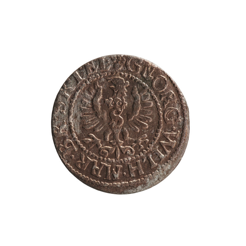 szelag, Ernest Pfahler; obverse: Prussian eagle with crowned letter S on its chest; rim inscription beginning with a heart - GEORG.WILH.MA; reverse: monogram composed of the letters GW; rim inscription beginning with a rosette, divided by the Hohenzollern coat of arms, PR - VSSIAE.1627; dated 1627; Ducal Prussia (1525–1701), Königsberg; Hohenzollern (coat of arms), eagles, rosettes; coin: diameter 16.2 mm, weight 0.66 g, axis 0°.