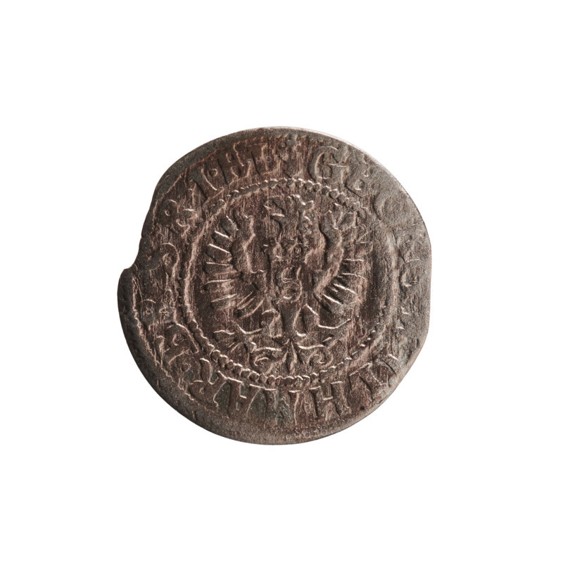 szelag, obverse: Prussian eagle with crowned letter S on its chest; in the rim between the borders an inscription beginning with a heart hall mark and reading EORG.WILH.MAR.B. .SRIEL. Reverse: monogram composed of the letters GW; in the rim between the borders an inscription divided by the Hohenzollern coat of arms, SOLID. S.PR - VSSIAE.1627. Features rosettes and Hohenzollern coat of arms; associated with George William Hohenzollern (Elector of Brandenburg; Prince of Prussia; 1620–1640), Ducal Prussia (1525–1701), Königsberg. Coin; diameter 15.9 mm, weight 0.49 g, axis 0°.