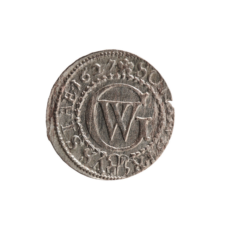 szelag, Pfahler, Ernest; George William Hohenzollern (Elector of Brandenburg; Prince of Prussia; 1620–1640); Ducal Prussia (1525–1701), Königsberg; 1627; coin (szelag), diameter 16.3 mm, weight 0.61 g, axis 0°. Obverse: Prussian eagle, on its chest the crowned letter S; in rim between borders an inscription beginning with a heart and reading GEORG.WILH.MAR.BR.S, RIEL. Reverse: monogram composed of the letters GW; in rim between borders an inscription beginning with a rosette, divided by the Hohenzollern coat of arms SO, PR - VSSIAE.