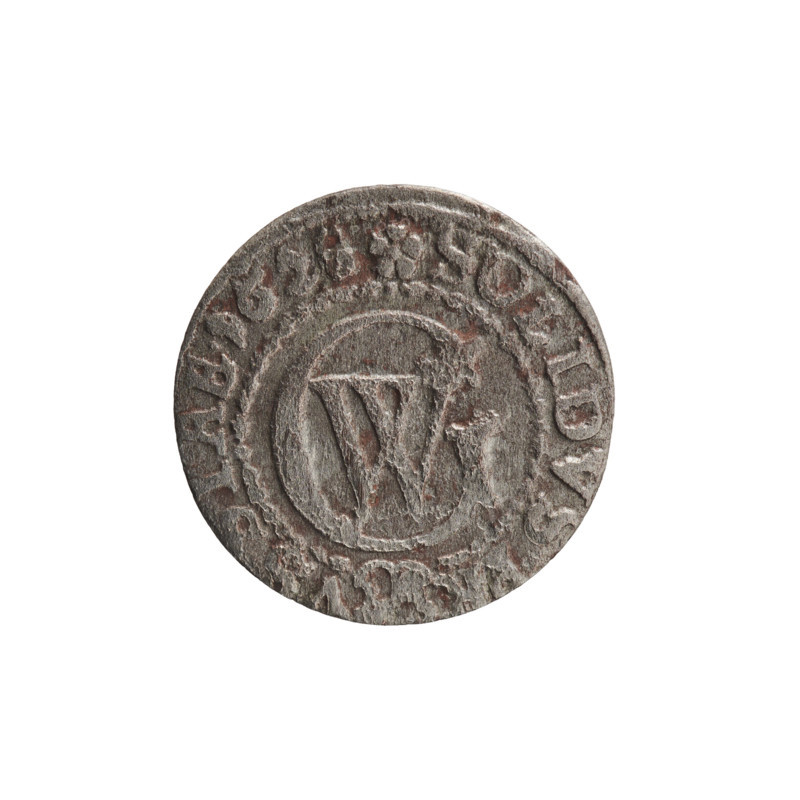 Szelag, 1628. Obverse: Prussian eagle with crowned letter 'S' on its chest; rim inscription beginning with a heart — 'GEORG.WILH.MAR.' Reverse: monogram composed of the letters 'GW'; rim inscription beginning with a rosette, divided by the Hohenzollern coat of arms — 'SOLIDVS.PR • VSSIAE.1628'. Maker: George William Hohenzollern (Elector of Brandenburg; Prince of Prussia; 1620–1640). Place: Ducal Prussia, Königsberg. Material/function: coin. Diameter 15.6 mm; weight 0.59 g; axis 0°.