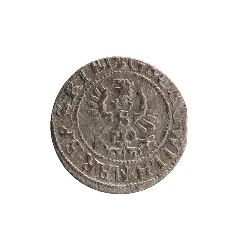 szelag, Pfahler, Ernest; George William Hohenzollern (Elector of Brandenburg; Prince of Prussia; 1620–1640). Obverse: Prussian eagle, on its chest the crowned letter S; in the rim between the borders an inscription beginning with a heart — the hallmark RG.WILH.MAR.BR.SRIEL. Reverse: monogram composed of the letters GW; in the rim between the borders an inscription beginning with a rosette, divided by the Hohenzollern coat of arms SOLIDVS.PR -; 28; 1628. Ducal Prussia (1525–1701), Königsberg. Coin; diameter 15.8 mm; weight 0.59 g; axis 0°.