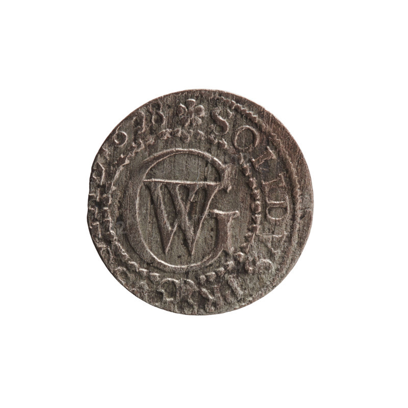 szelag, Pfahler, Ernest; obverse: Prussian eagle with crowned letter S on its chest, rim inscription beginning with a heart (hallmark) RG.WILH.MAR.BR.SRIEL; reverse: monogram composed of the letters GW, rim inscription beginning with a rosette, divided by the Hohenzollern coat of arms SOLIDVS.PR -, 28, 1628; motifs: eagles, Hohenzollern coat of arms, rosettes; Ducal Prussia (1525–1701), Königsberg; coin (szelag), diameter 15.8 mm, weight 0.59 g, axis 0°.
