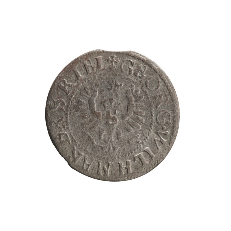 Szelag (coin), Ernest Pfahler. Obverse: Prussian eagle, on its chest the crowned letter S; in the rim between borders an inscription beginning with a heart: GEORG.WILH.MAR.BR.SRIEL. Reverse: monogram composed of the letters GW; in the rim between borders an inscription beginning with a rosette, divided by the Hohenzollern coat of arms: SOLID,-VSSIAE. Date: 1629. Mint: Königsberg, Ducal Prussia (1525–1701). Diameter 16.5 mm; weight 0.55 g; axis 0°.