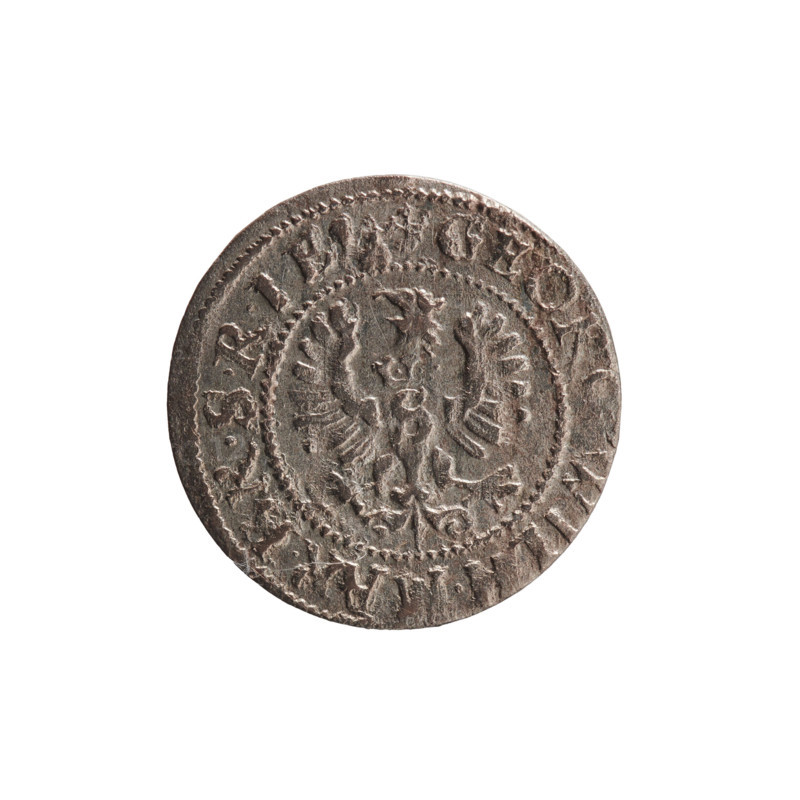 szelag; maker: Ernest Pfahler; date: 1630; Duchy: Ducal Prussia (1525–1701), Königsberg; coin (diameter 16.0 mm, weight 0.47 g, axis 0°). Obverse: Prussian eagle, on its chest a crowned letter S; in the rim between the borders an inscription beginning with a heart — hallmark, GEOR. WILH. MAR. BR. SRIE (abbreviated). Reverse: monogram composed of the letters GW; in the rim between the borders an inscription beginning with a rosette, divided by the Hohenzollern coat of arms, SOLIDVS.PR - SSIAE.1630. Decorations: eagles, Hohenzollern coat of arms, rosettes.