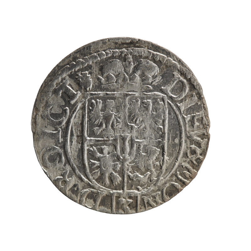 one and a half, George William Hohenzollern (Elector of Brandenburg; Duke of Prussia; 1620–1640), cross (iconographic), orb of rule (iconographic), coats of arms. Obv.: Royal orb with a cross with arms terminating in finials; lower part of the orb with value numerals Z4; on the sides of the cross, date numerals Z-3; rim between borders with inscription divided by a cross GEWI:MAR:BR:S:R:I:EL:P:D:. Rev.: Under the ducal mitre, a five-field coat of arms, below in the shield the value numeral 3; rim between borders with an inscription divided by the mitre and the value numeral and terminated with the hallmark DIEV & MON - DROICT, 1623. Ducal Prussia (1525–1701), Königsberg; coin. Diameter 19.8 mm; weight 0.92 g; axis 0°.