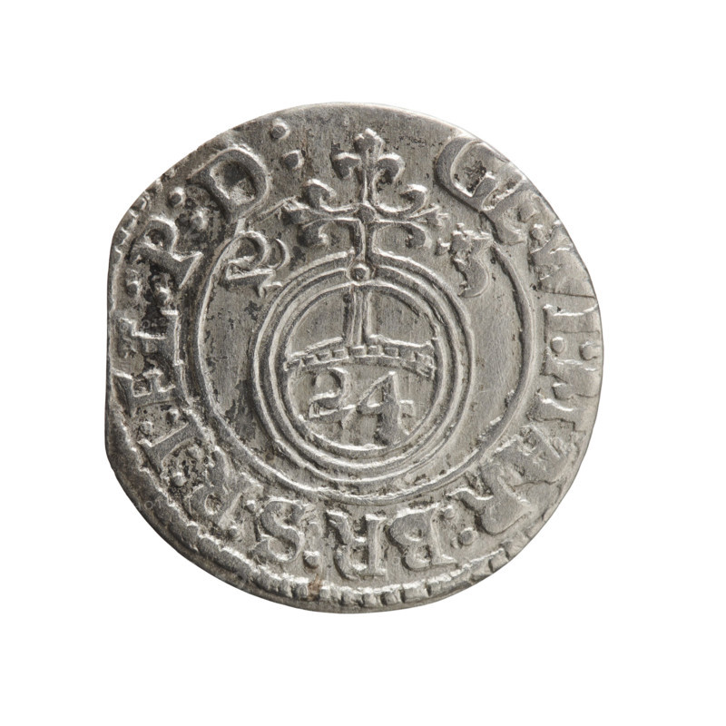one and a half; Pfahler, Ernest; George William Hohenzollern (Elector of Brandenburg; Duke of Prussia; 1620–1640); cross (iconographic); orb of rule (iconographic); coats of arms. Obverse: Royal orb with a cross with arms terminating in finials; in the lower part of the orb the value numerals Z4; on the sides of the cross the date numerals Z–3; in the rim between the borders an inscription divided by a cross GE.WI:MAR:BR:S:R:I:EL:P:D:. Reverse: Under the ducal mitre a five-field coat of arms, below in the shield a value numeral 3; in the rim between the borders an inscription separated by the mitre and the value numeral and ending with the hallmark DIEV & MON – DROICT, 1623. Königsberg, Ducal Prussia (1525–1701). Coin: diameter 19.8 mm; weight 0.96 g; axis 0°.