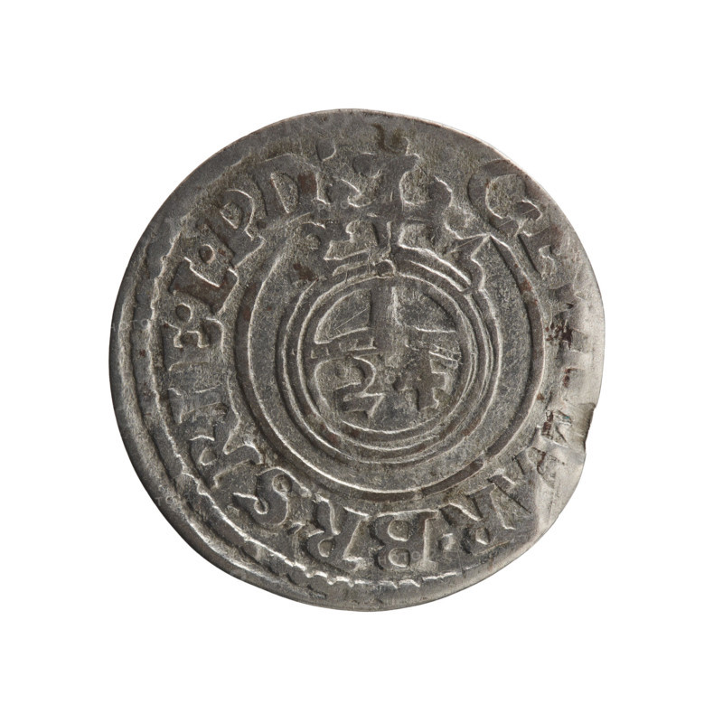 one-and-a-half, Pfahler, Ernest, cross (iconographic), George William Hohenzollern (Elector of Brandenburg; Duke of Prussia; 1620–1640), orb of reign (iconographic), coats of arms. Obverse: royal orb with a cross with arms terminating in finials; in lower part of orb the value numerals Z4; on the sides of the cross the date numerals Z-3; in the rim between the borders an inscription divided by a cross .GE, AR.BR.SRIE.L.PD. Reverse: under the ducal mitre, a five-field coat of arms, below in the shield a value numeral 3; in the rim between the borders, an inscription divided by the mitre and the value numeral and ending with a hallmark, MON - DROI, 1623. Ducal Prussia (1525–1701), Königsberg; coin; diameter 19.3 mm; weight 0.98 g; axis 45 degrees.