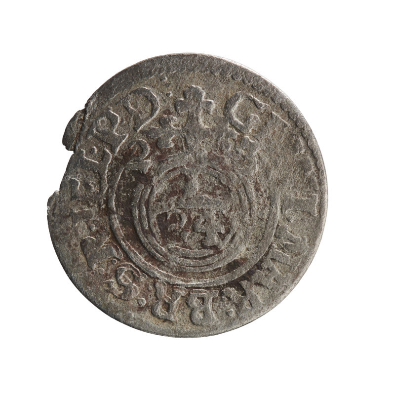 one and a half, Ernest Pfahler, Department of Coins of Lands Associated with Poland, George William Hohenzollern (Elector of Brandenburg; Duke of Prussia; 1620-1640), cross (iconographic), orb of rule (iconographic), coats of arms. Obv. Royal orb with a cross with arms terminating in finials. In the lower part of the orb the value numerals Z4. On the sides of the cross the date numerals Z-3. In the rim between the borders an inscription divided by a cross G, I:MAR:BR:S:R:, L.PD: Rw. Under the ducal mitre a five-field coat of arms, below in the shield a value numeral 3. In the rim between the borders an inscription separated by the mitre and the value numeral and ending with the hallmark D, V & MON - DROICT, 1623. Ducal Prussia (1525-1701), Königsberg. Coin: diameter 20.0 mm, weight 0.84 g, axis 300 degrees.