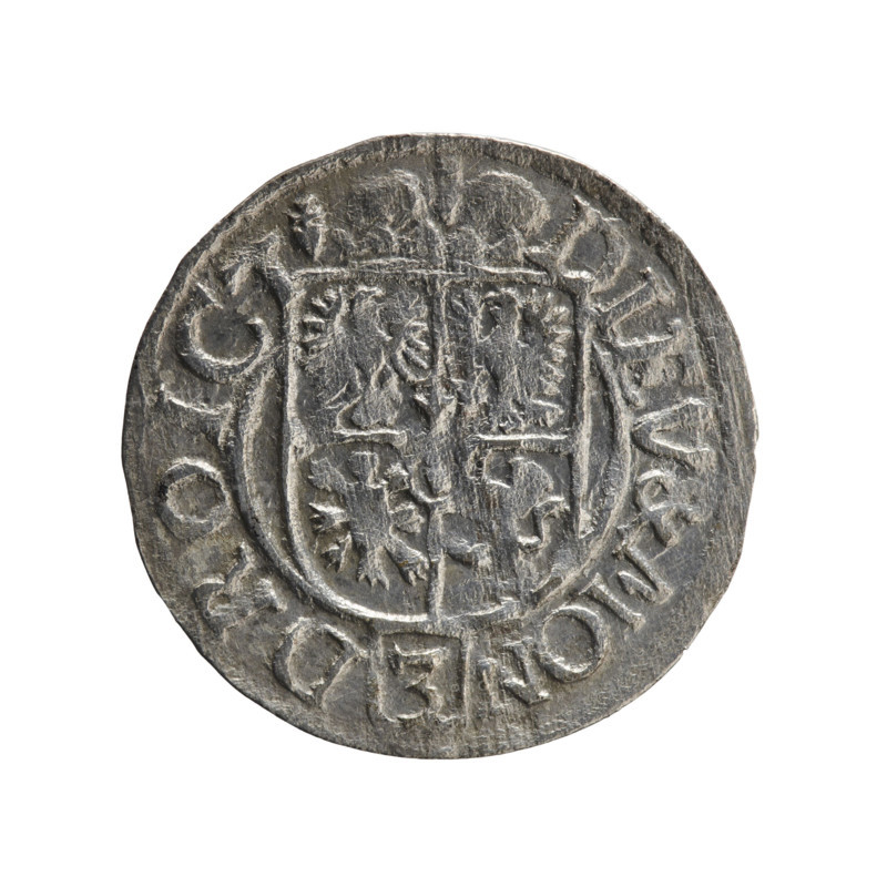 one and a half; cross (iconographic); George William Hohenzollern (Elector of Brandenburg; Duke of Prussia; 1620–1640); orb of reign (iconographic); coats of arms. Obverse: royal orb with a cross with arms terminating in finials. In the lower part of the orb, value numerals Z4. On the sides of the cross, date numerals Z-4. On the rim between the borders, an inscription divided by a cross: .GE.WI.MAR.BR.SRIEL.PD. Reverse: under the ducal mitre, a five-field coat of arms; below in the shield the value numeral 3. On the rim between the borders, an inscription divided by the mitre and the value numeral and terminated with the hallmark DIEV & MON - DROICT, 1624. Ducal Prussia (1525–1701), Königsberg; coin. Diameter 19.5 mm, weight 1.14 g, axis 225°.