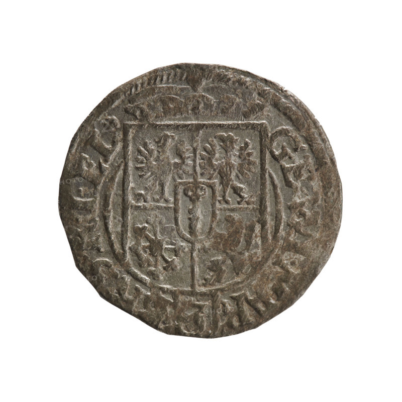 One-and-a-half; Ernest Pfahler; Department of Coins of Lands Associated with Poland; George William Hohenzollern (Elector of Brandenburg; Duke of Prussia; 1620–1640); orb of rule (iconographic); cross (iconographic); coats of arms. Obverse: Under the ducal mitre, a five-field coat of arms; below in the shield the value numeral 3. In the rim between the borders, an inscription separated by the mitre and the value numeral and terminating in a rosette GE.WI., R. - BR.SRIEL. Reverse: Royal orb with a cross with arms terminating in finials; in the lower part of the orb, the value numerals 24; on the sides of the cross, date numerals 2-4. In the rim between the borders an inscription divided by a cross, NE.NOVA.DVC.PRVS.-, 1624. Ducal Prussia (1525–1701), Königsberg. Coin: diameter 19.2 mm; weight 1.03 g; axis 225°.