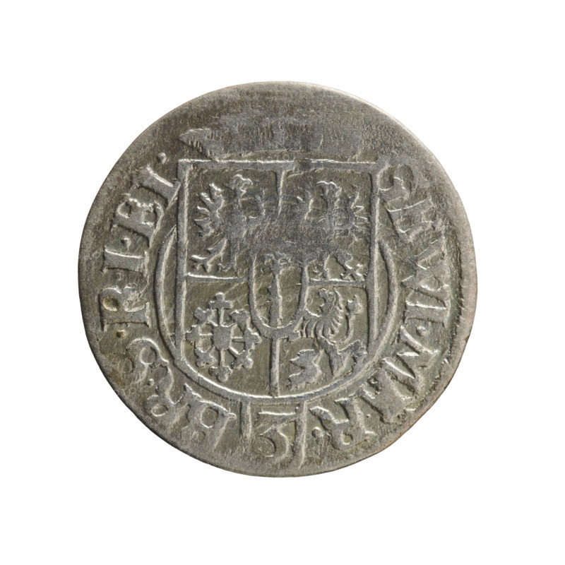 One-and-a-half coin (1624). Obverse: under a ducal mitre, five-field heraldic shield with the value numeral 3 in the lower part; rim inscription separated by the mitre and value numeral reading GEWI.MAR. - BR.SRIEL. Reverse: royal orb with a cross whose arms terminate in finials; value numerals 24 in the lower part of the orb and date numerals 2-4 on the sides of the cross; rim inscription divided by the cross .MONE.NOVA.DVC.PRVS.-, 1624. Iconography: cross, orb of reign, coats of arms. Associated ruler: George William of Hohenzollern (Elector of Brandenburg; Duke of Prussia; 1620–1640). Issued in Ducal Prussia (Königsberg), coin; diameter 19.3 mm, weight 0.98 g, axis 90°.