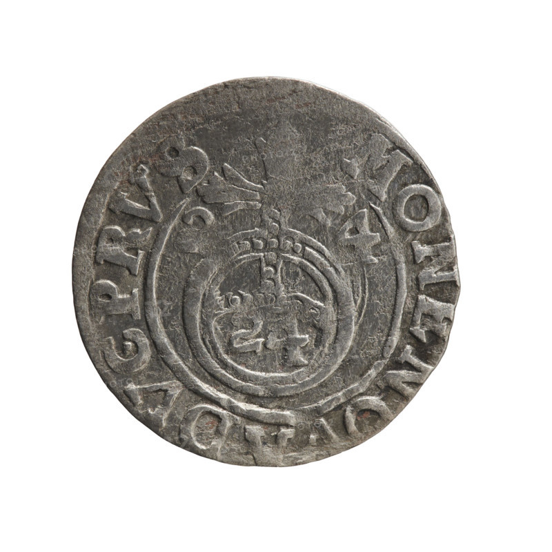 one-and-a-half, cross (iconographic), George William of Hohenzollern (Elector of Brandenburg; Duke of Prussia; 1620–1640), orb of rule (iconographic), coats of arms. Obv.: Under the ducal mitre, a five-field heraldic shield; below in the shield the value numeral 3. In the rim between the borders an inscription separated by the mitre and the value numeral and terminating with a heart — hallmark GE WI MAR — I EL Rw. Rev.: Royal orb with a cross with arms terminating in finials. In the lower part of the orb the value numerals 24; on the sides of the cross the date numerals 2-4. In the rim between the borders an inscription divided by a cross MONE NOVA DVC PRVS, 1624. Ducal Prussia (1525–1701), Königsberg. Coin: diameter 19.2 mm, weight 0.87 g, axis 135°.