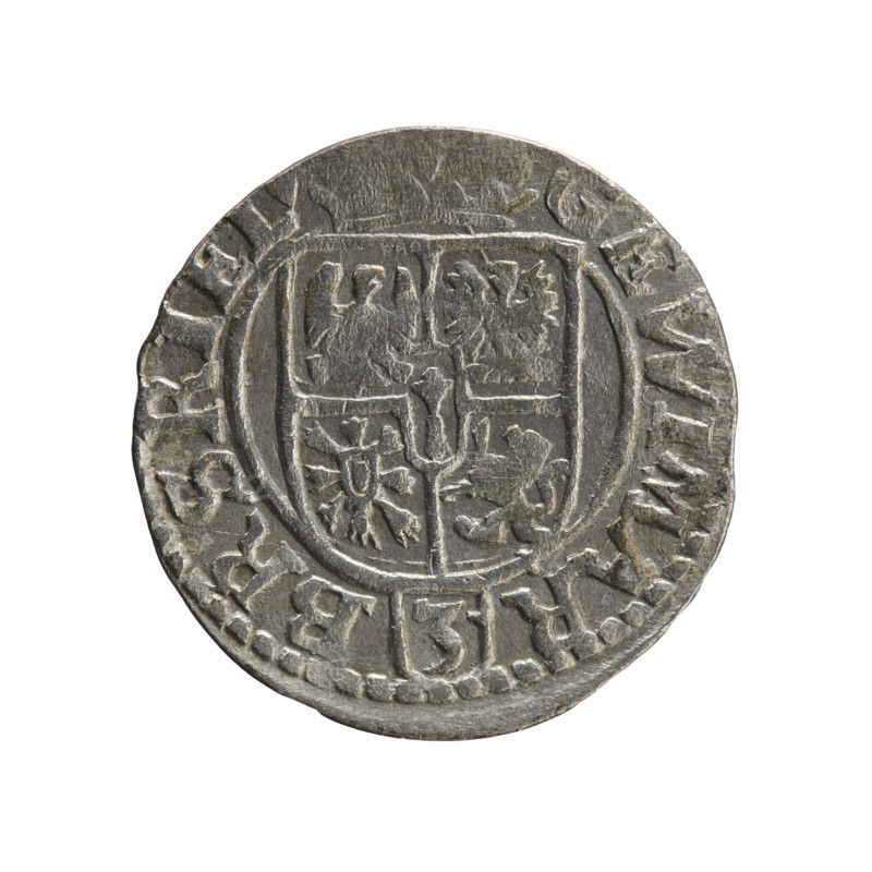 one-and-a-half, Pfahler, Ernest, Department of Coins of Lands Associated with Poland, George William Hohenzollern (Elector of Brandenburg; Duke of Prussia; 1620-1640), cross (iconographic), orb of rule (iconographic), coats of arms. Obv.: Under the ducal mitre a five-field heraldic shield; below in the shield the value numeral 3. In the rim between the borders an inscription separated by the mitre and the value numeral and terminating with a heart — the hallmark GE WI MAR — BR SRI EL Rw. Royal orb with a cross with arms terminating in florences. In the lower part of the orb the value numerals 24. On the sides of the cross the date numerals 2-4. In the rim between the borders there is an inscription divided by a cross and ending with a heart — the hallmark MONE NOVA PRVS 1624. Ducal Prussia (1525–1701), Königsberg; coin: diameter 19.2 mm, weight 1.05 g, axis 200°.