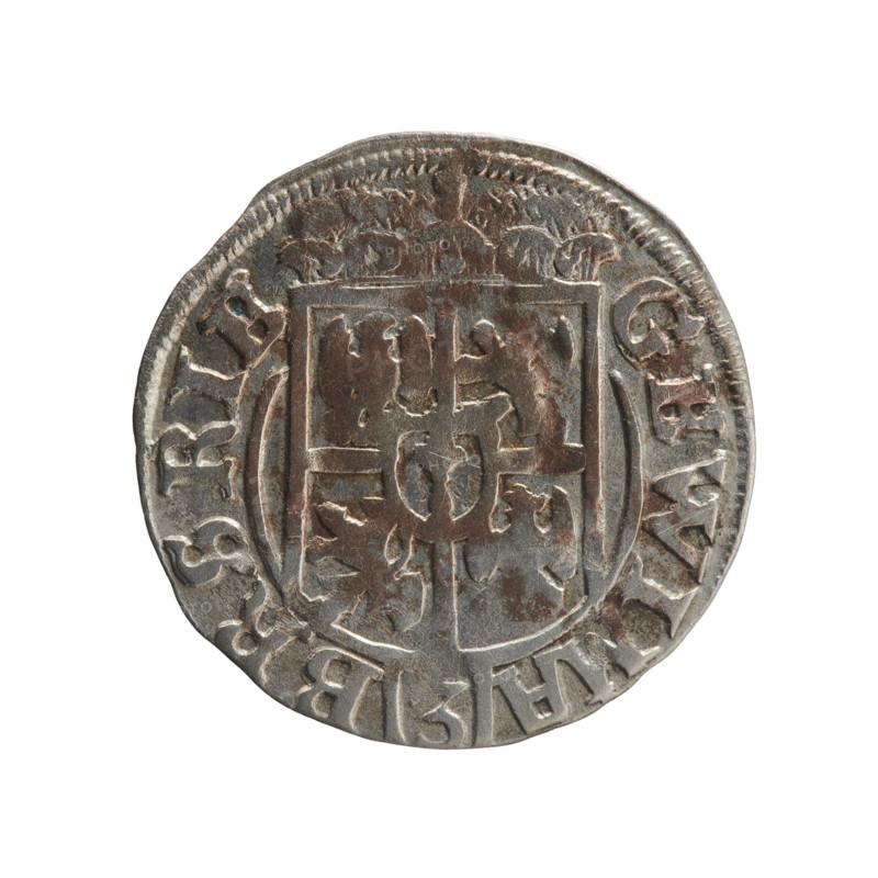 one-and-a-half, cross (iconographic), George William of Hohenzollern (Elector of Brandenburg; Duke of Prussia; 1620–1640), orb of reign (iconographic), coats of arms. Obverse: under the ducal mitre, a five-field heraldic shield; below in the shield the value numeral 3. In the rim between the borders an inscription separated by the mitre and the value numeral GE WI MA - BR SRIE. Reverse: royal orb with a cross with arms terminating in finials; in the lower part of the orb the value numerals 24; on the sides of the cross the date numerals 2-5. In the rim between the borders an inscription divided by a cross and a heart - the hallmark *MONE NO - DVC PRVS*, 1625. Ducal Prussia (1525–1701), Königsberg; coin: diameter 19.3 mm, weight 0.93 g, axis 190 degrees.