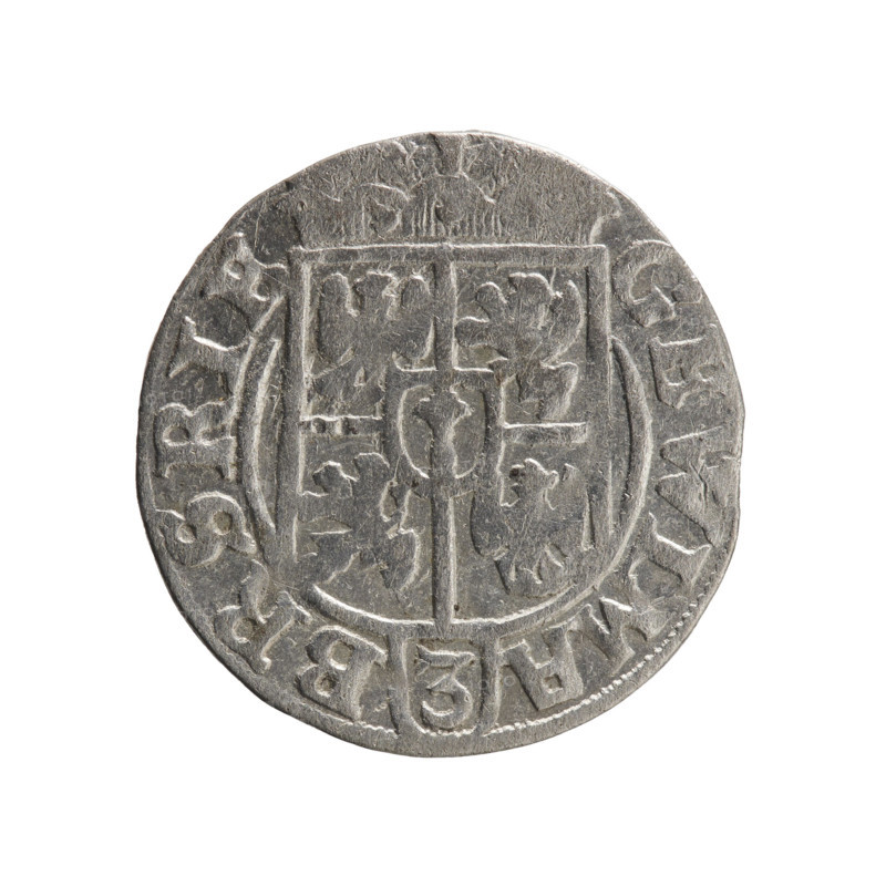 One-and-a-half, Ernest Pfahler. Obverse: under the ducal mitre, a five-field coat of arms; below in the shield the value numeral 3. In the rim between the borders an inscription separated by the mitre and the value numeral GE WI MA - BR SRIE. Reverse: royal orb with a cross with arms terminating in finials; in the lower part of the orb the value numerals 24; on the sides of the cross the date numerals 2-5. In the rim between the borders an inscription divided by a cross and a heart: *MONE NO - DVC PRVS*. 1625. George William Hohenzollern (Elector of Brandenburg; Duke of Prussia; 1620–1640). Ducal Prussia (1525–1701), Königsberg. Coin; diameter 19.3 mm; weight 1.07 g; axis 135°.