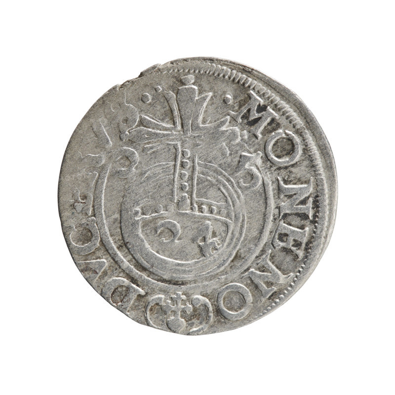 George William Hohenzollern (Elector of Brandenburg; Duke of Prussia; 1620–1640). Obverse: Under the ducal mitre, a five-field coat of arms; below in the shield the value numeral 3. In the rim between the borders an inscription separated by the mitre and the value numeral, E, A - BR SRIE. Reverse: Royal orb with a cross with arms terminating in finials. In the lower part of the orb the value numerals 24. On the sides of the cross the date numerals 2-5. In the rim between the borders an inscription divided by a cross and a heart - the hallmark .MONE NO - DVC, ., 1625. Ducal Prussia (1525–1701), Königsberg. Coin: diameter 19.4 mm, weight 1.15 g, axis 315°.