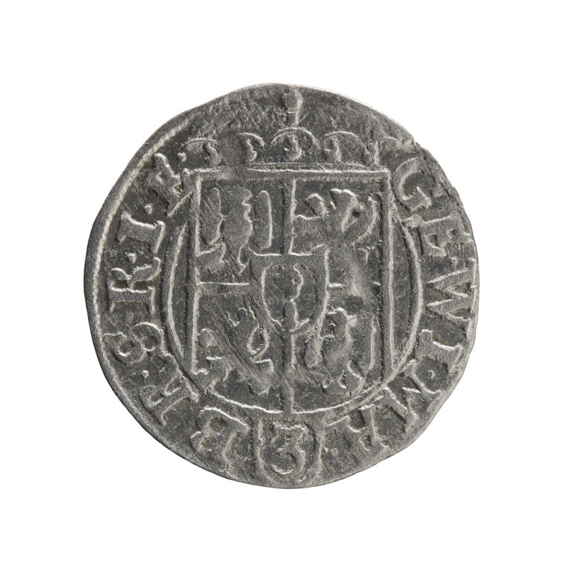 One-and-a-half (3), Ernest Pfahler. Obverse: under the ducal mitre, a five-field coat of arms; below in the shield the value numeral 3. In the rim between the borders an inscription separated by the mitre and the value numeral: GE.WI.MA. - BR.SRIE. Reverse: royal orb with a cross with arms terminating in finials; in the lower part of the orb the value numerals 24; on the sides of the cross the date numerals 2-5. In the rim between the borders an inscription divided by a cross and a heart: .MONE.NO - DVC.PRVS. Date: 1625. Issued for Ducal Prussia (1525–1701), Königsberg. Coin; diameter 19.5 mm; weight 1.21 g; axis 45°.