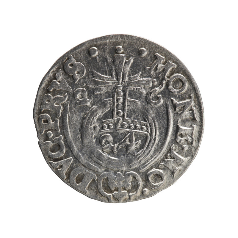 one-and-a-half, George William Hohenzollern (Elector of Brandenburg; Duke of Prussia; 1620-1640), orb of rule (iconographic), cross (iconographic), coats of arms. Obv. Under the ducal mitre, a five-field coat of arms; below in the shield the value numeral 3. In the rim between the borders is an inscription separated by the mitre and the value numeral GE.WI.MA. - BR.SRIE. Rev. Royal orb with a cross with arms terminating in finials. In the lower part of the orb the value numerals 24. On the sides of the cross the date numerals 2-6. In the rim between the borders an inscription divided by a cross and a heart - the hallmark .MONE.NO - DVC.PRVS., 1626. Ducal Prussia (1525-1701), Königsberg; coin: diameter 19.7 mm, weight 1.04 g, axis 160 degrees.