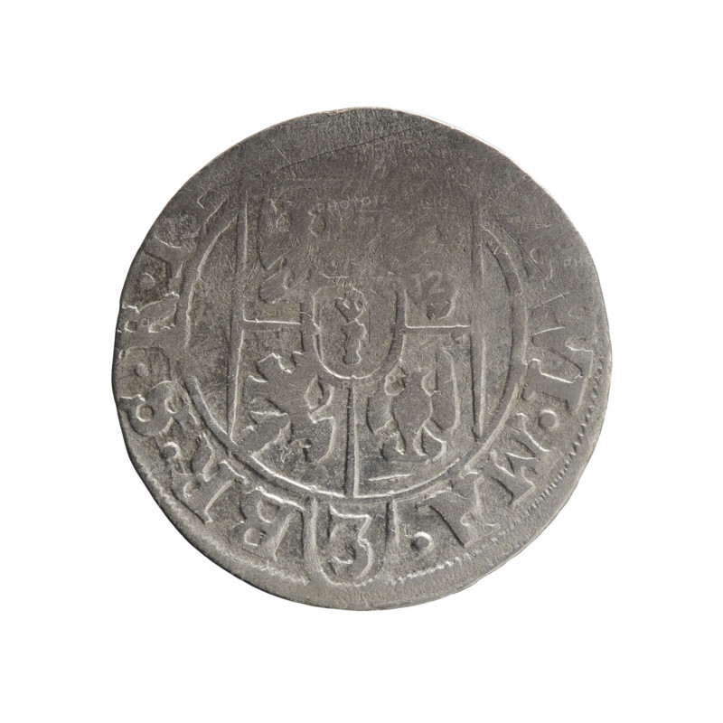 one-and-a-half, Pfahler, Ernest, cross (iconographic), George William of Hohenzollern (Elector of Brandenburg; Duke of Prussia; 1620-1640), orb of reign (iconographic), coats of arms. Obv.: Under the ducal mitre a five-field heraldic shield; below in the shield the value numeral 3. In the rim between the borders an inscription separated by the mitre and the value numeral, WI.MA. - BR.SRI. Rev.: Royal orb with a cross with arms terminating in finials; in the lower part of the orb the value numerals 4; on the sides of the cross the date numerals -6-. In the rim between the borders an inscription divided by a cross and a heart - the hallmark .MONE.NO - . 1626. Ducal Prussia (1525–1701), Königsberg. Coin: diameter 18.9 mm, weight 1.12 g, axis 100°.
