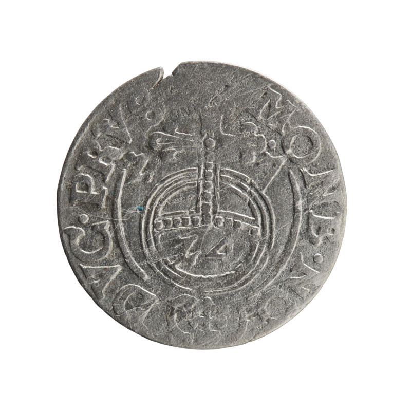 one-and-a-half, orb of rule (iconographic), George William Hohenzollern (Elector of Brandenburg; Duke of Prussia; 1620–1640), cross (iconographic), coats of arms. Obverse: under the ducal mitre a five-field coat of arms; below in the shield the value numeral 3. On the rim between the borders an inscription separated by the mitre and the value numeral: BR.SRIE. Reverse: royal orb with a cross with arms terminating in finials; in the lower part of the orb the value numerals 24; on the sides of the cross the date numerals 27; on the rim between the borders an inscription separated by a cross and a heart: MONE.NO. - DVC.PRV. 1627. Ducal Prussia (1525–1701), Königsberg; coin; diameter 18.7 mm; weight 1.19 g; axis 340°